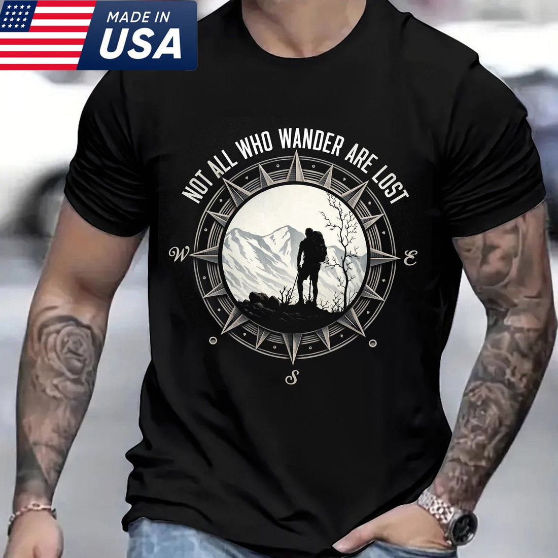 Not All Who Wander Are Lost T-Shirt – Minimalist Compass & Hiker Graphic Shirt for Hiking, Travel & Outdoor Adventure Lovers
