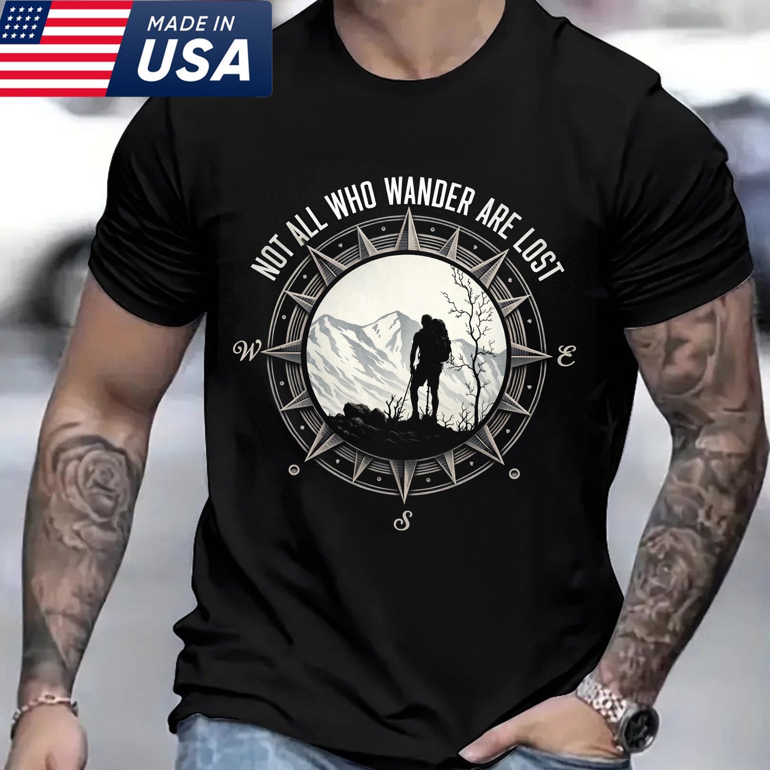 Not All Who Wander Are Lost T-Shirt – Minimalist Compass & Hiker Graphic Shirt for Hiking, Travel & Outdoor Adventure Lovers