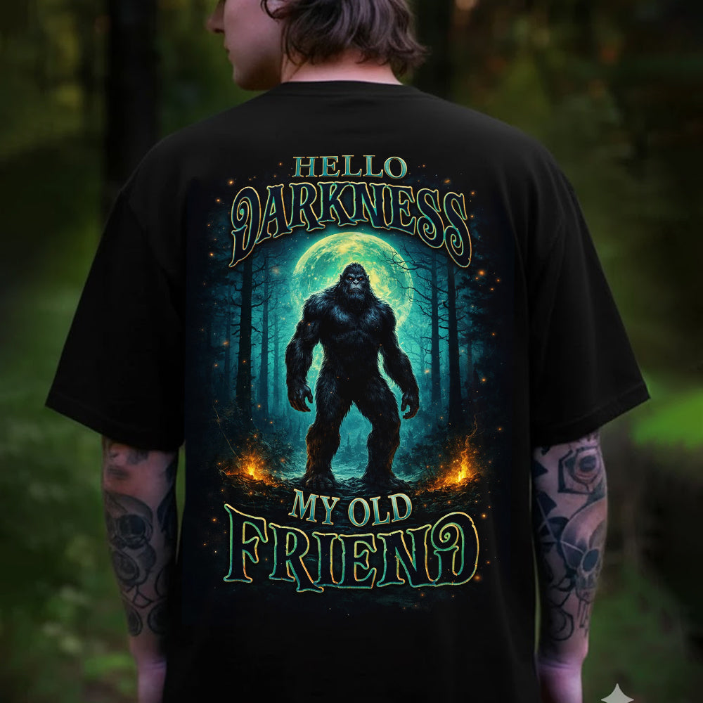 Hello Darkness Bigfoot T-Shirt – Mysterious Sasquatch Moonlit Forest Graphic Tee, Dark Fantasy Wilderness Design Shirt, Cryptid Night Adventure Apparel
