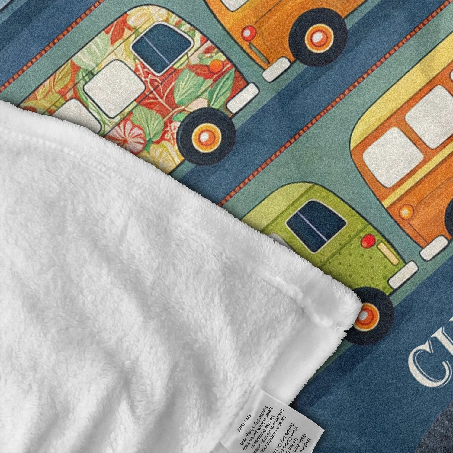 Personalized Retro Camper Van Fleece Blanket – Custom Name Vintage Van Life Quilt Throw for Travel Lovers