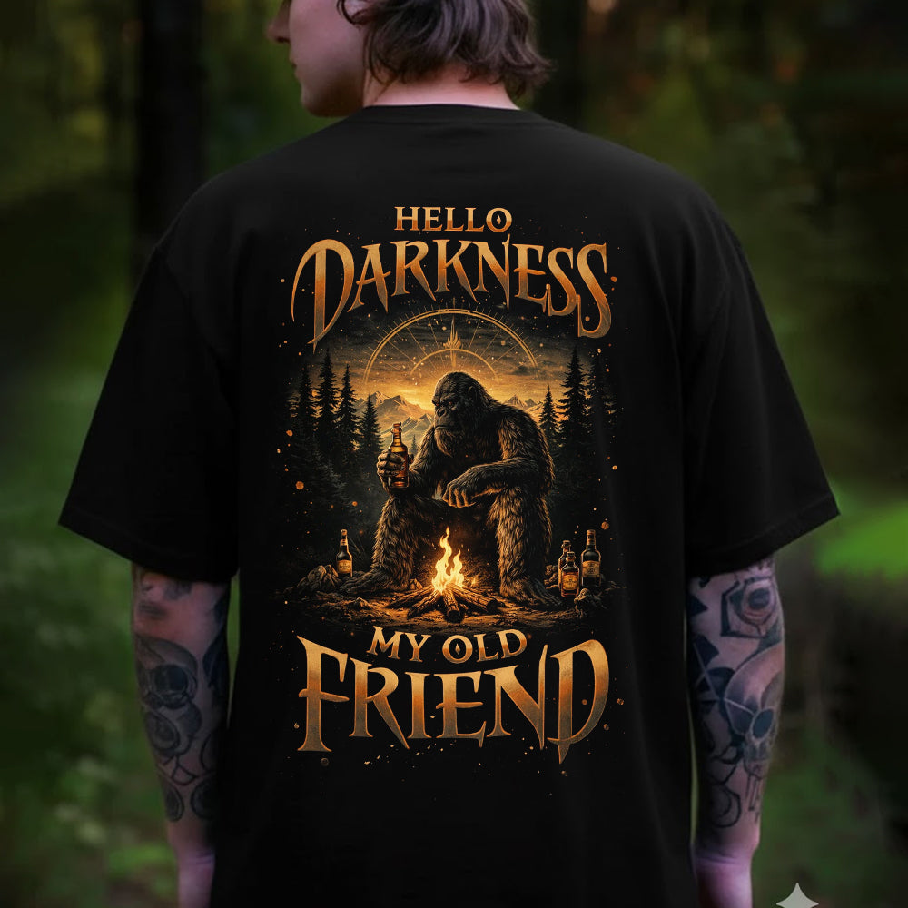 Hello Darkness My Old Friend Bigfoot T-Shirt – Funny Sasquatch Campfire Whiskey Graphic Tee, Dark Humor Outdoor Vintage Shirt