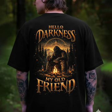 Hello Darkness My Old Friend Bigfoot T-Shirt – Funny Sasquatch Campfire Whiskey Graphic Tee, Dark Humor Outdoor Vintage Shirt