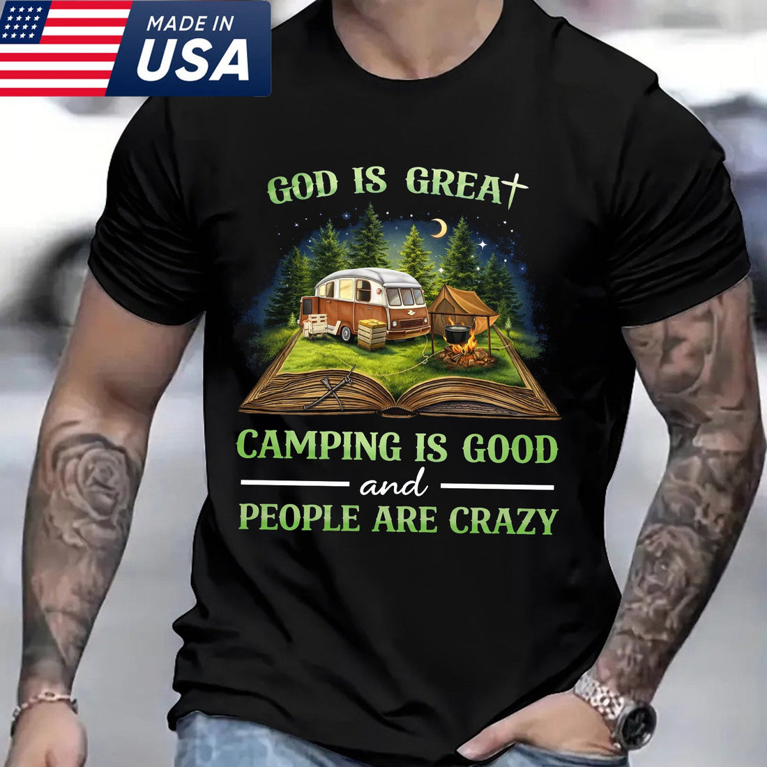 Christian Camping Quote T-Shirt – Faith-Inspired Outdoor Graphic Tee, Vintage Camper & Forest Night Design, Funny Nature Lover Apparel