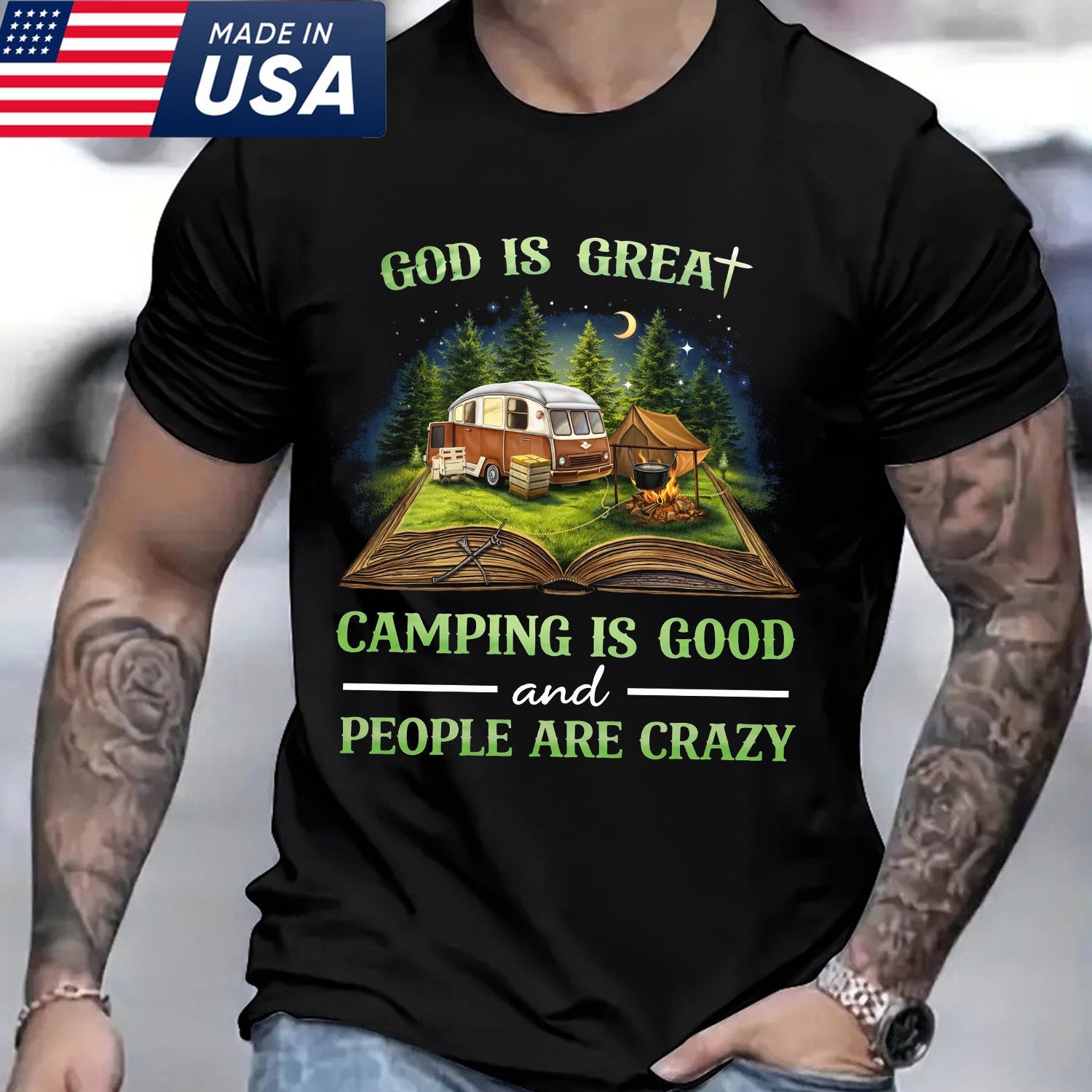 Christian Camping Quote T-Shirt – Faith-Inspired Outdoor Graphic Tee, Vintage Camper & Forest Night Design, Funny Nature Lover Apparel