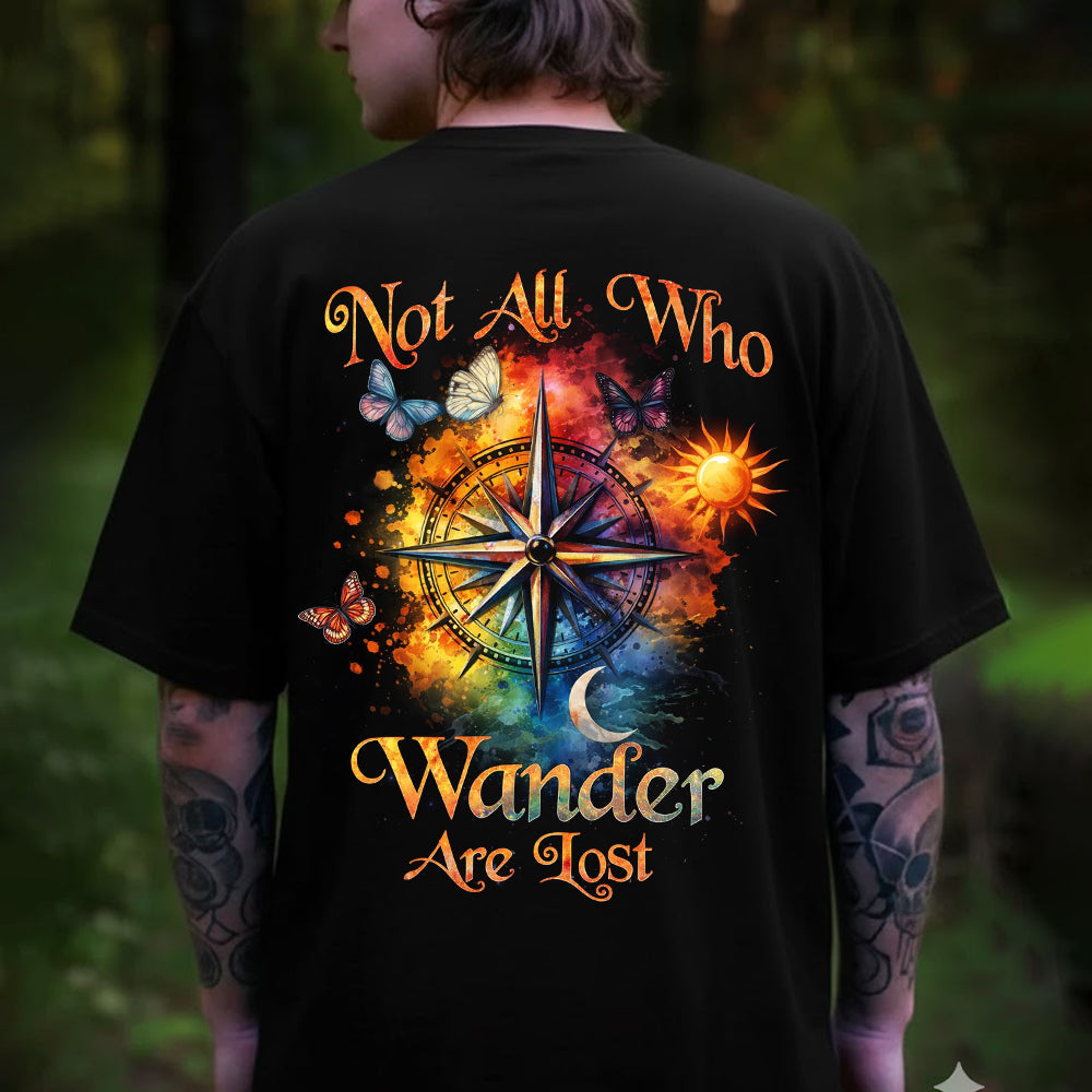 Not All Who Wander Are Lost Colorful Compass T-Shirt, Boho Celestial Travel Graphic Tee, Spiritual Adventure Wanderlust Shirt for Women