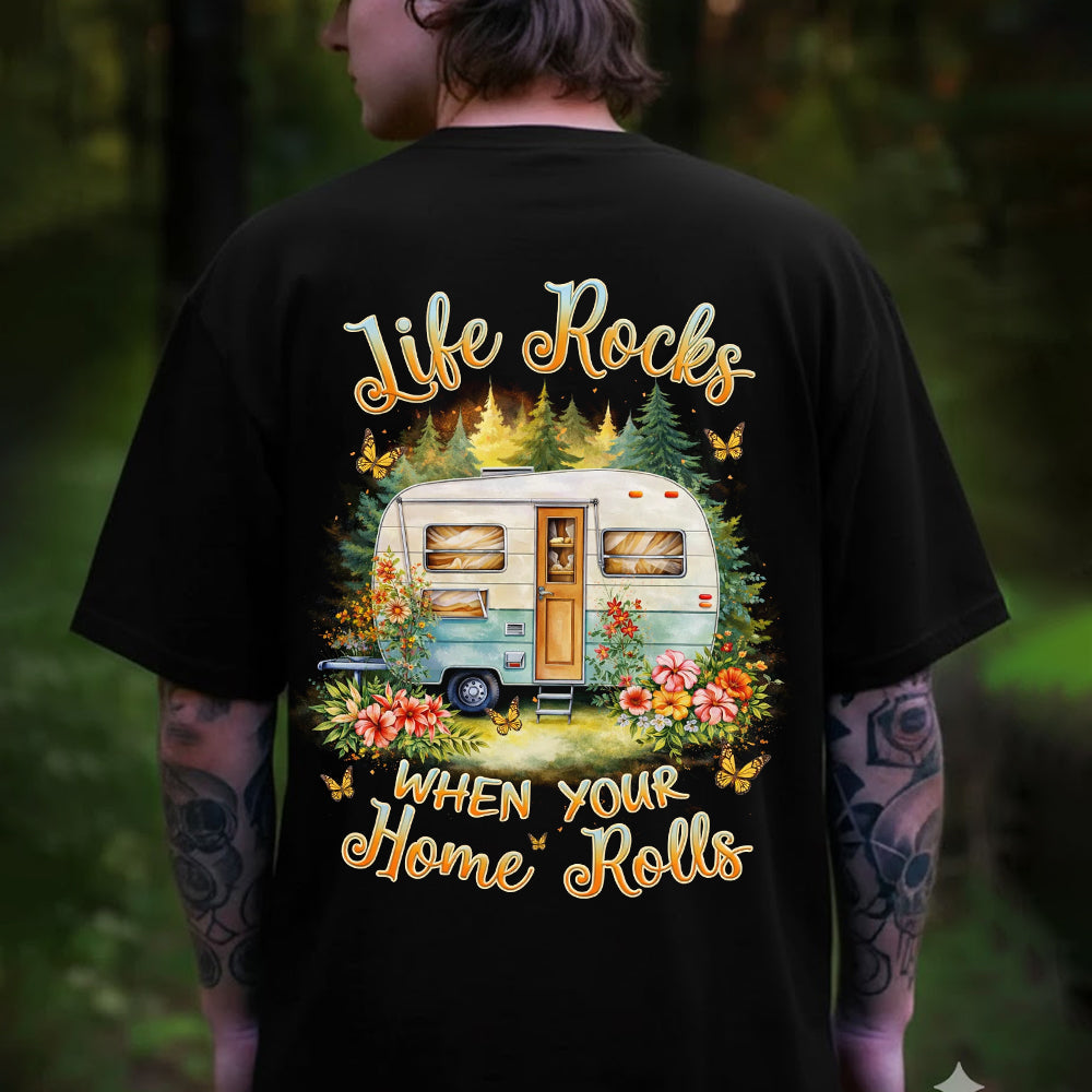 Life Rocks When Your Home Rolls T-Shirt – Vintage Camper RV Graphic Tee, Cute Travel Trailer Shirt for Camping & Road Trip Lovers