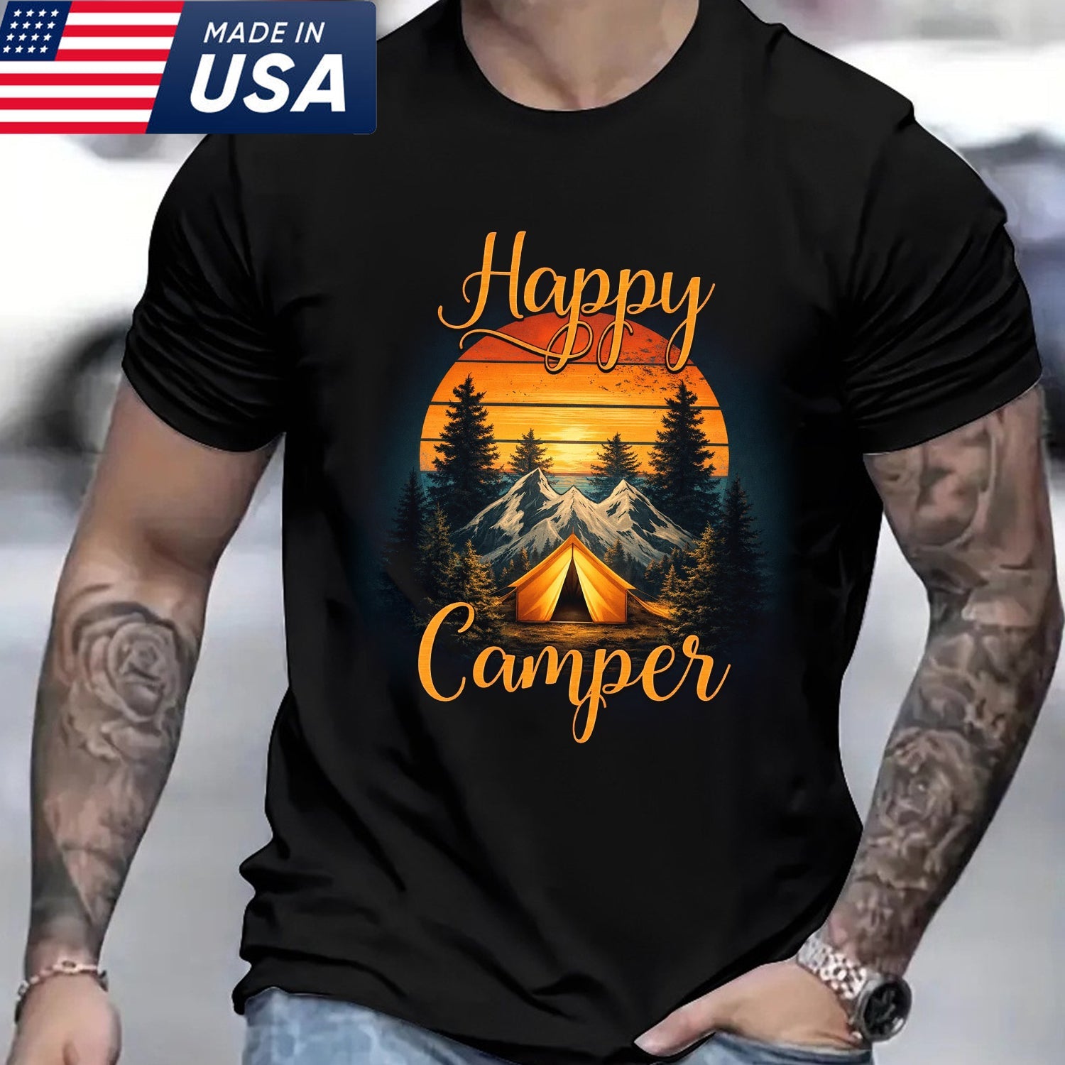 Happy Camper Graphic T-Shirt – Vintage Sunset Mountain Camping Shirt for Outdoor Lovers, Hiking & Adventure Tee