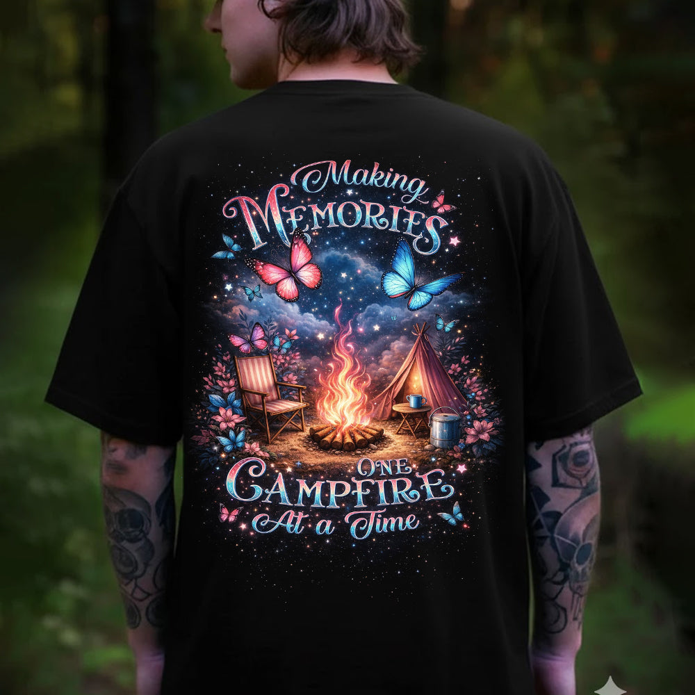 Making Memories One Campfire At A Time T-Shirt, Camping Butterfly Campfire Graphic Tee, Cozy Outdoor Nature Lover Shirt for Women