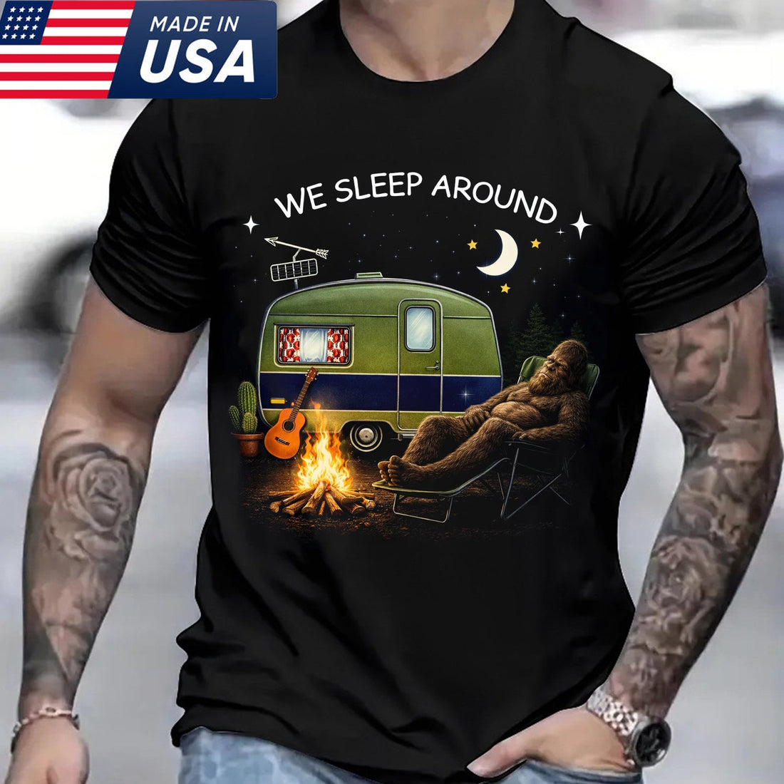 Funny Bigfoot Camping T-Shirt – Sasquatch Relaxing by Campfire Graphic Tee, Vintage Camper Night Scene Shirt, Outdoor Adventure Humor Apparel