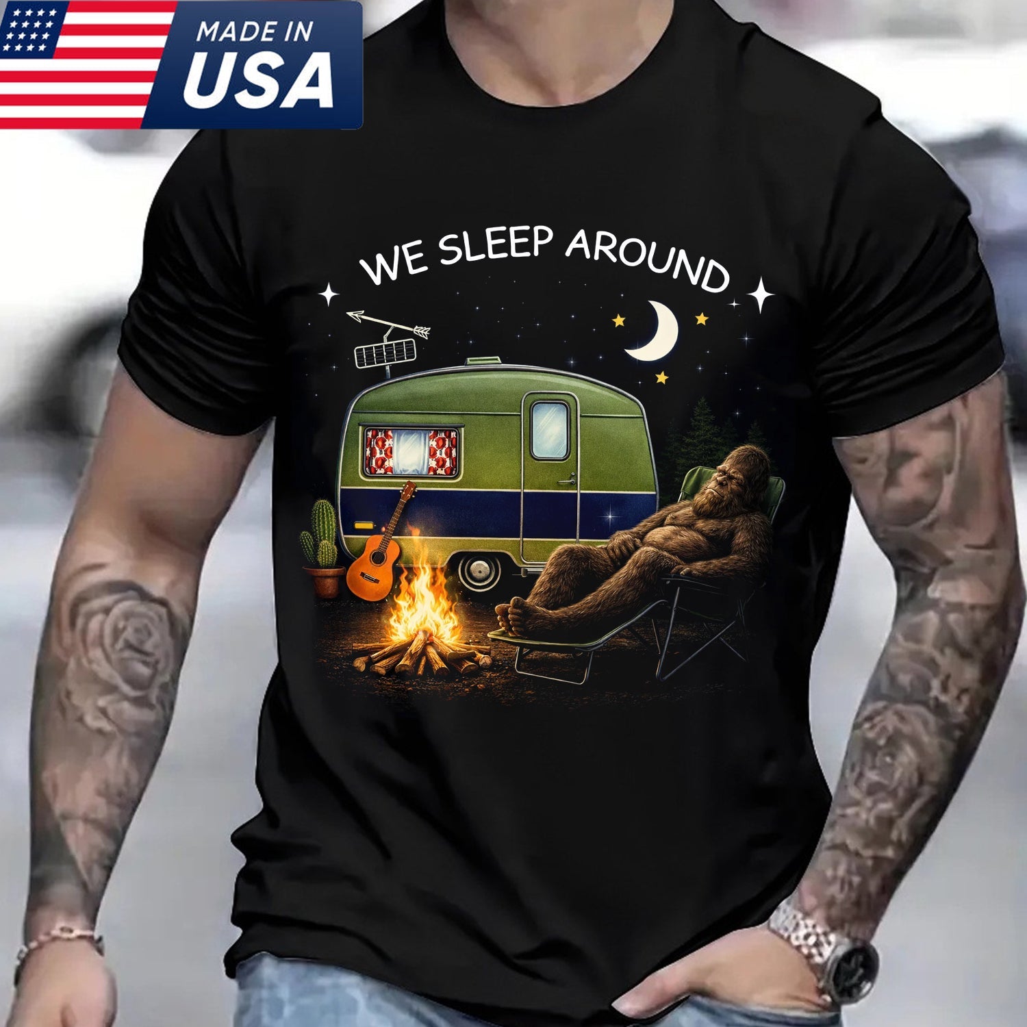 Funny Bigfoot Camping T-Shirt – Sasquatch Relaxing by Campfire Graphic Tee, Vintage Camper Night Scene Shirt, Outdoor Adventure Humor Apparel