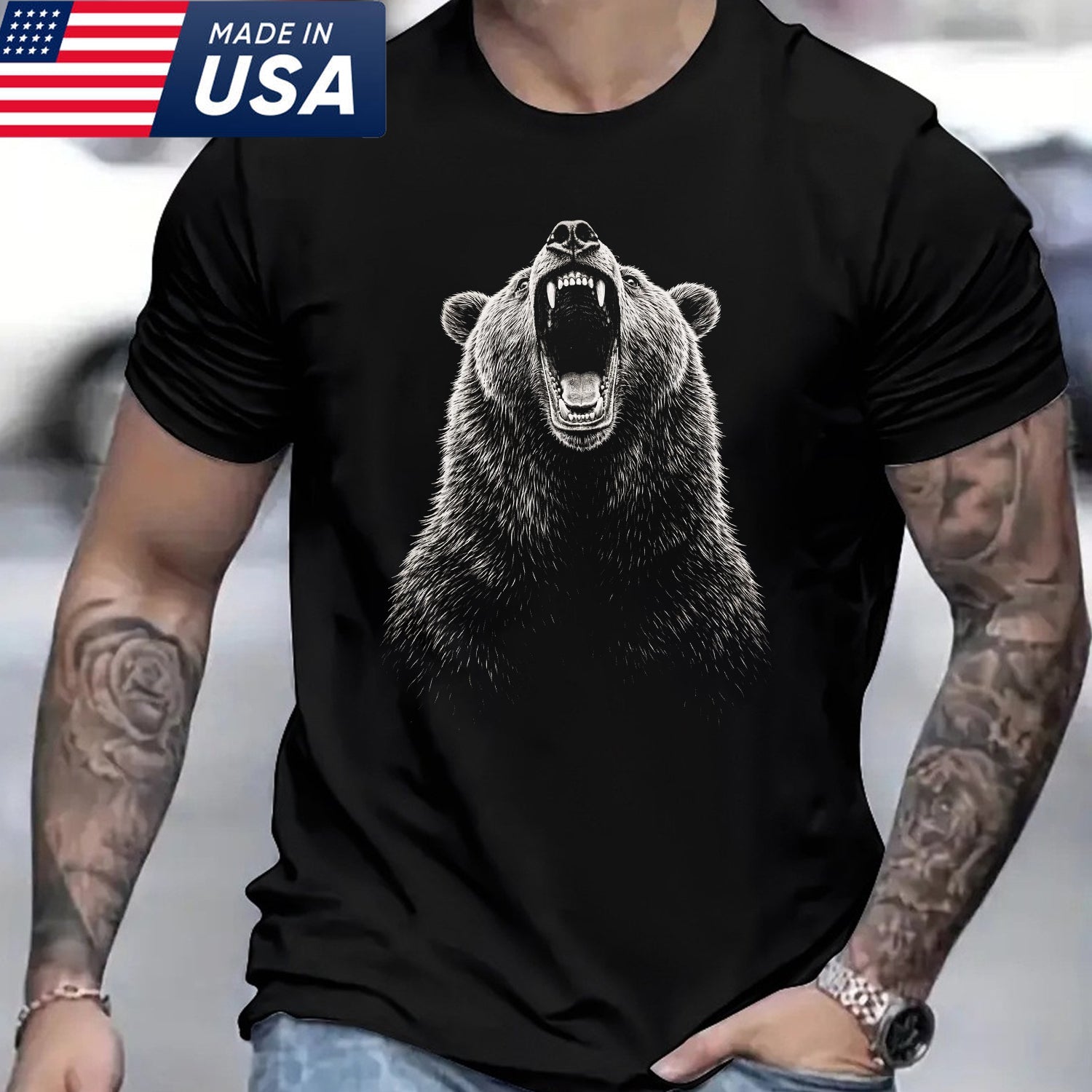Roaring Bear Face T-Shirt – Minimalist Wildlife Graphic Tee, Powerful Grizzly Animal Art Shirt