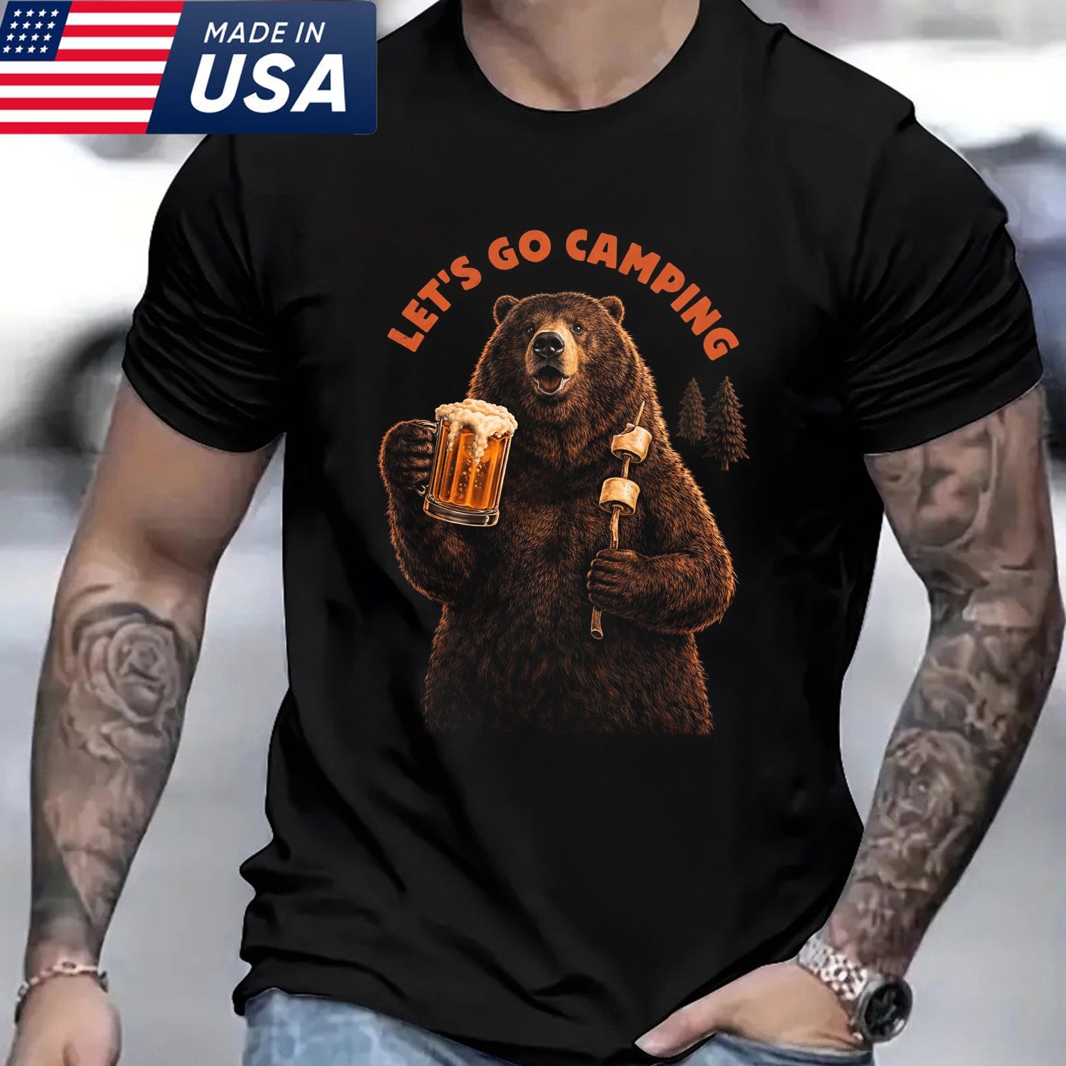 Let’s Go Camping Bear Beer T-Shirt, Funny Camping Bear Marshmallow Graphic Tee, Outdoor Campfire Adventure Shirt