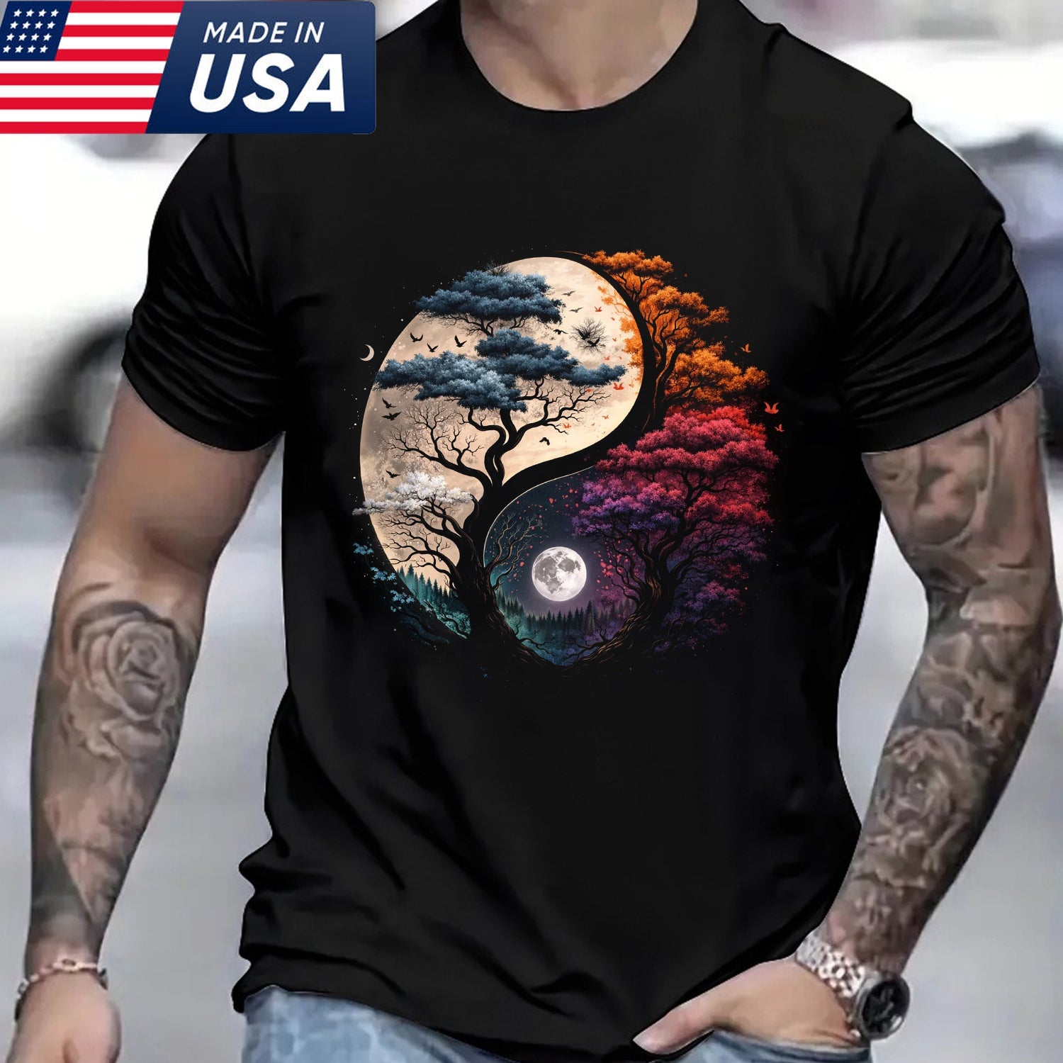 Yin Yang Tree of Life T-Shirt – Colorful Moon Nature Graphic Tee, Spiritual Balance Art Shirt