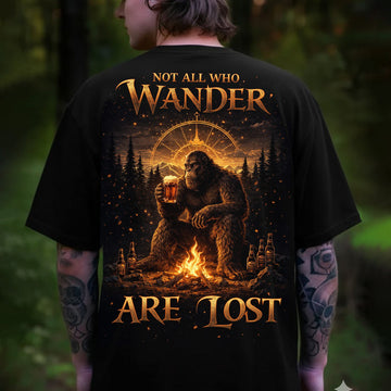 Bigfoot Wander Quote T-Shirt – Sasquatch Campfire Night Graphic Tee, Mystical Forest Adventure Design Shirt, Outdoor Nature Explorer Apparel