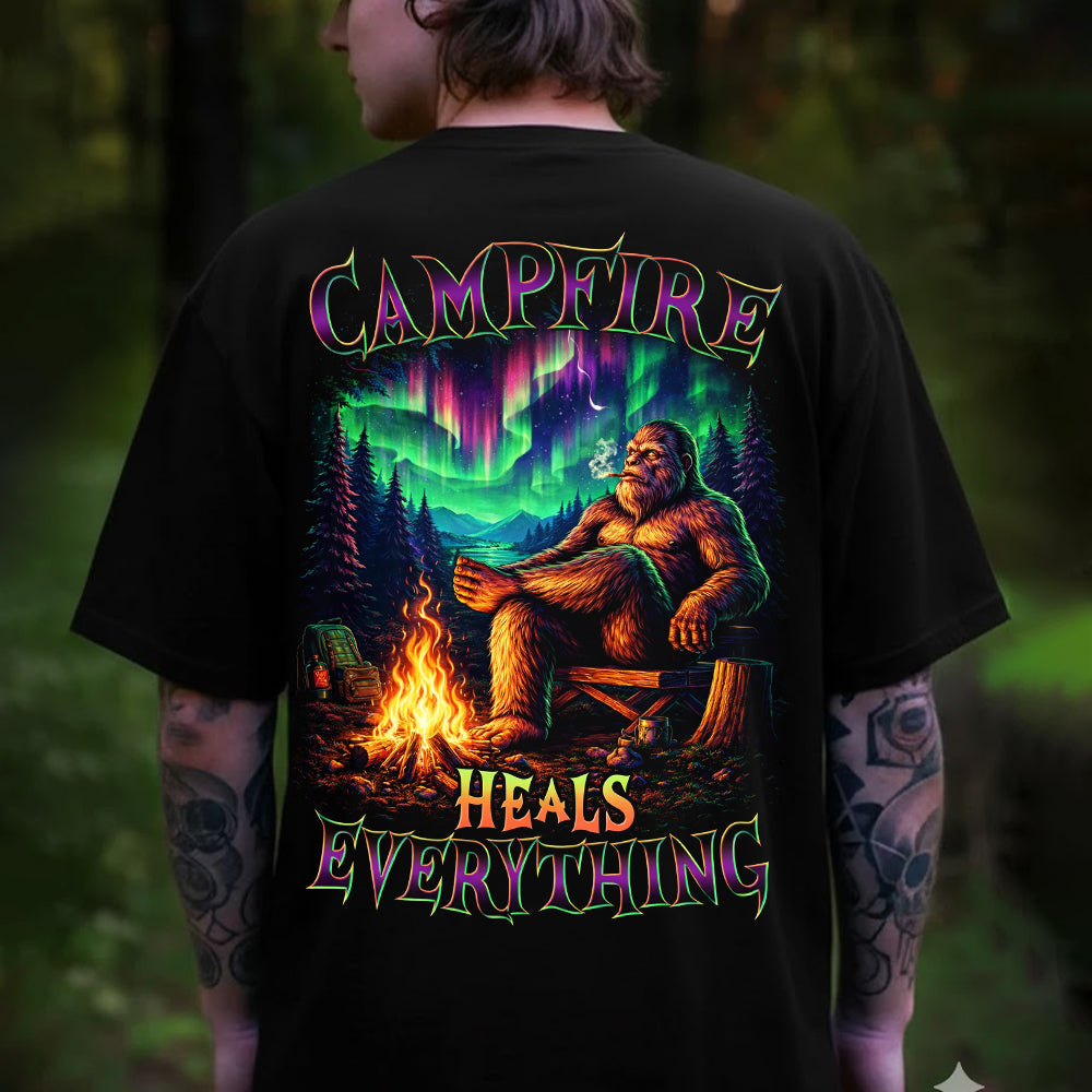 Campfire Heals Everything Bigfoot Camping Aurora Graphic T-Shirt