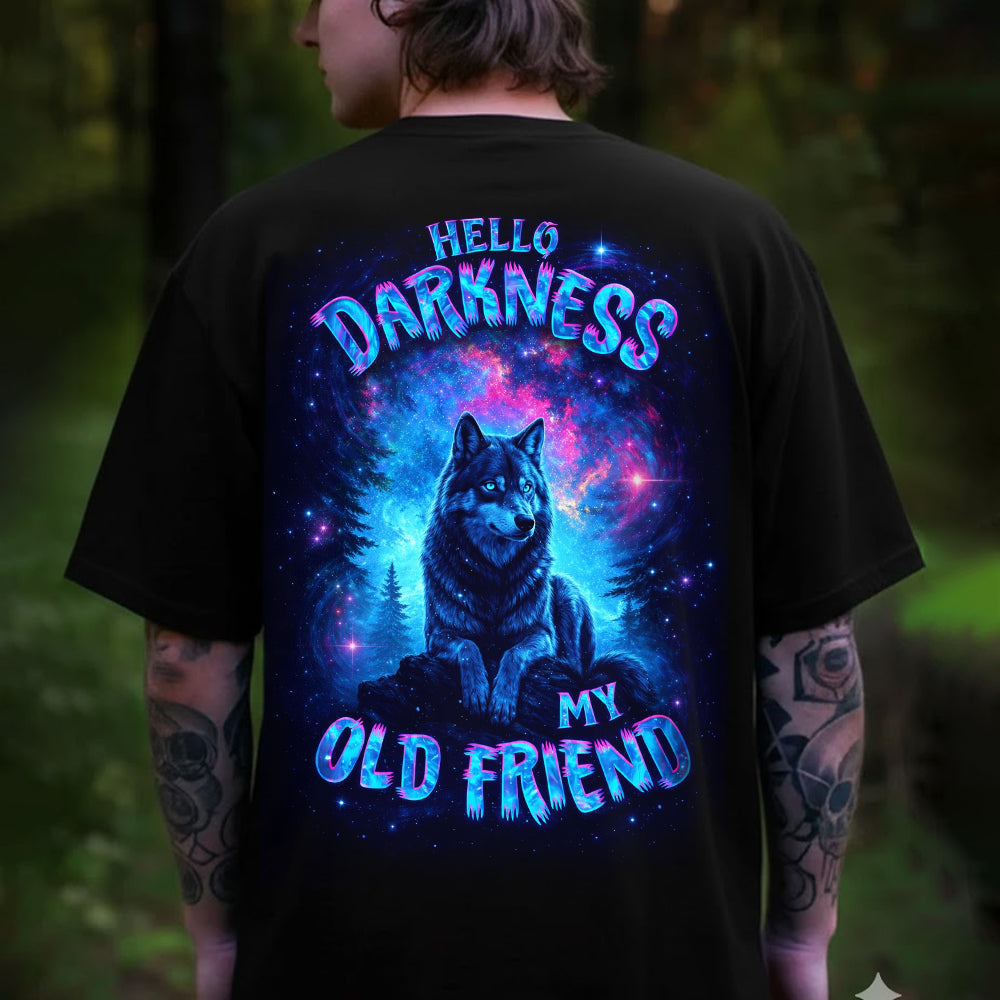 Hello Darkness My Old Friend T-Shirt – Neon Galaxy Wolf Graphic Shirt for Psychedelic Art Lovers, Night Aesthetic & Cosmic Nature Fans