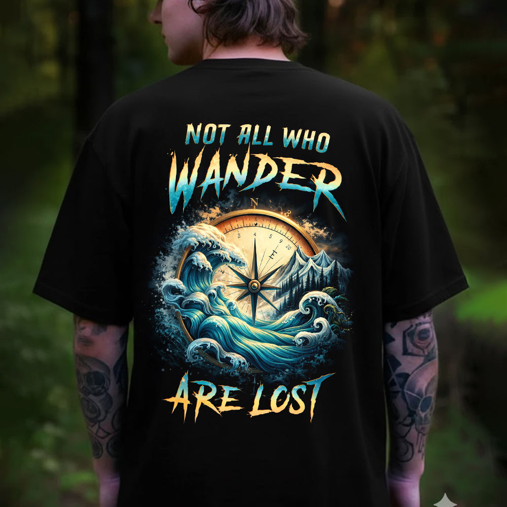 Not All Who Wander Are Lost Compass Wave T-Shirt, Vintage Nautical Adventure Graphic Tee, Travel Explorer Nature Shirt for Men