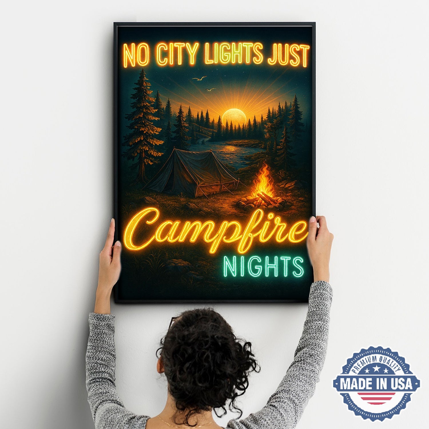 No City Lights Just Campfire Nights Canvas Wall Art – Neon Camping Quote with Forest Lake Sunset, Cozy Outdoor Adventure Home Decor