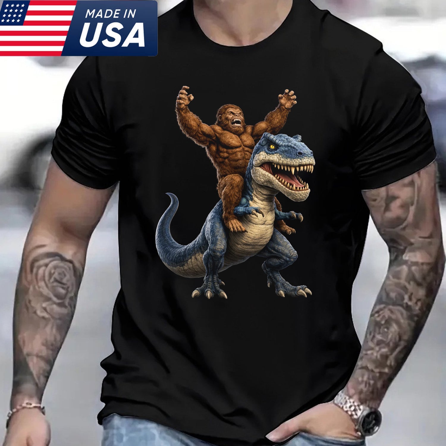 Bigfoot Riding Dinosaur T-Shirt – Funny Sasquatch on T-Rex Graphic Tee, Epic Fantasy Humor Shirt for Adventure & Meme Lovers