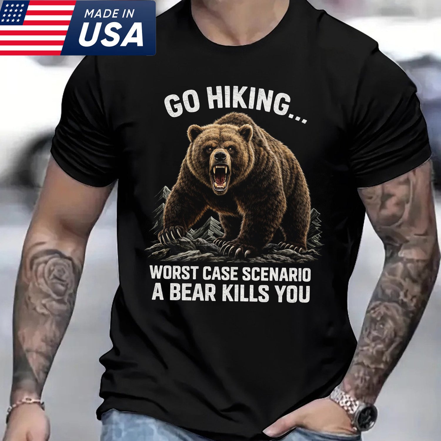 Go Hiking Worst Case Scenario Bear T-Shirt – Funny Grizzly Bear Graphic Tee, Dark Humor Outdoor Hiking Shirt