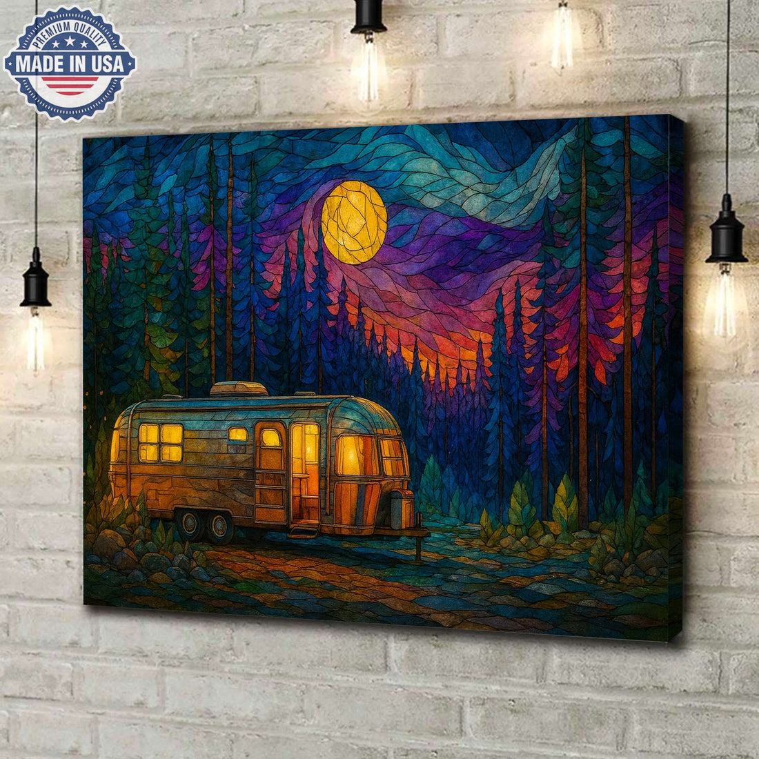 Moonlit Camper Canvas Wall Art – Vintage RV Camping Scene with Forest Night Sky, Colorful Retro Outdoor Adventure Decor