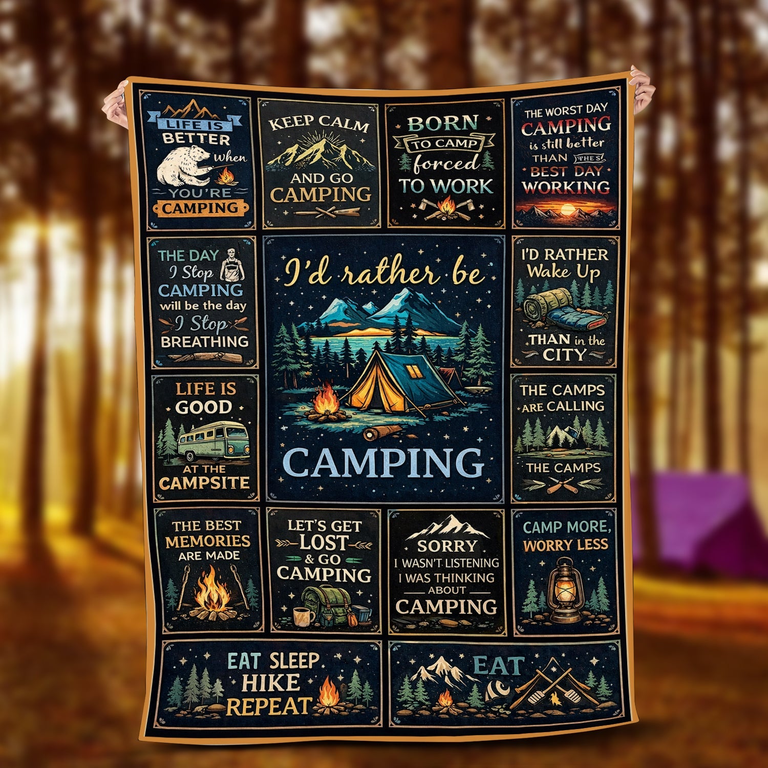 I’d Rather Be Camping Blanket – Vintage Camping Quotes Throw, Cozy Gift for Outdoor Lovers