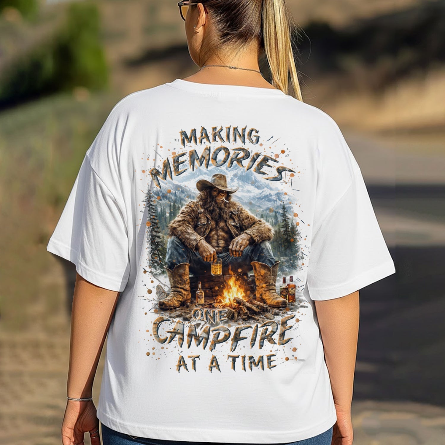 Making Memories Campfire T-Shirt – Bigfoot Cowboy Camping Graphic Tee, Rustic Outdoor Adventure Shirt, Funny Sasquatch Nature Gift