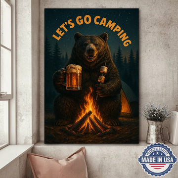 Let’s Go Camping Bear Canvas Wall Art – Funny Wildlife Campfire Illustration with Forest Night Scene, Rustic Outdoor Adventure Home Decor