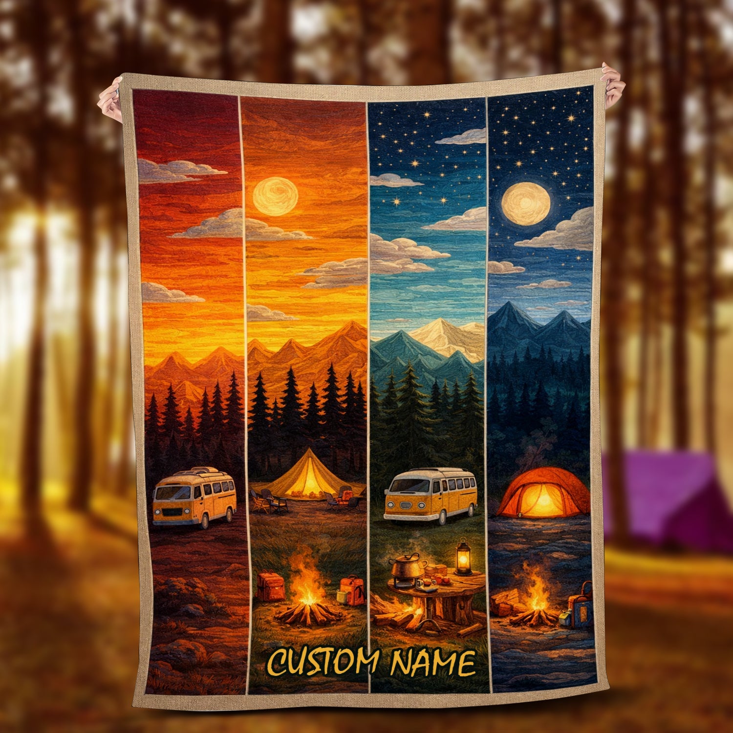 Personalized Sunset Camping Blanket – Custom Name Mountain Campfire RV Gift