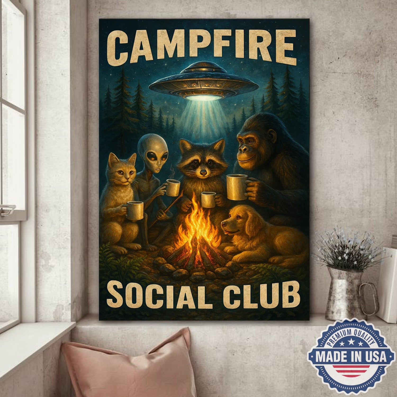 Campfire Social Club Canvas Wall Art – Whimsical Night Camping Illustration with Forest Friends & UFO, Funny Outdoor Adventure Home Decor