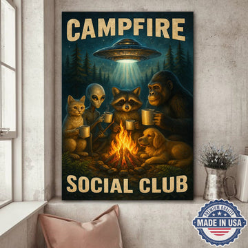 Campfire Social Club Canvas Wall Art – Whimsical Night Camping Illustration with Forest Friends & UFO, Funny Outdoor Adventure Home Decor