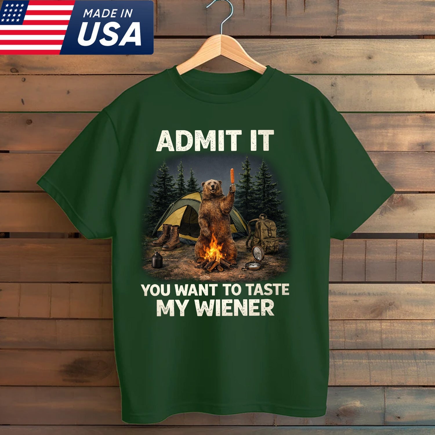 Funny Camping Bear T-Shirt – “Admit It, You Want to Taste My Wiener” Campfire Hot Dog Humor Graphic Tee