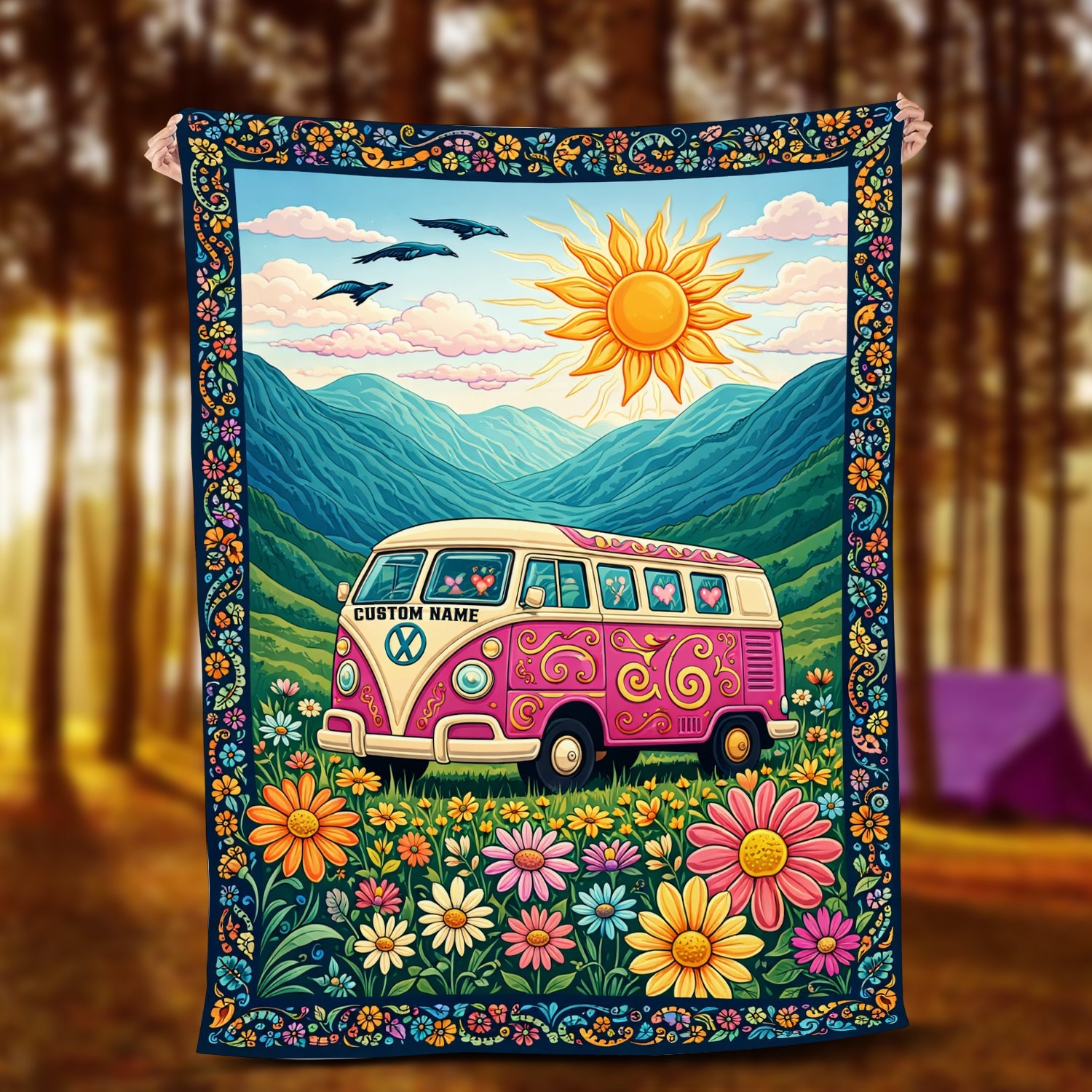 Personalized Hippie Van Life Fleece Blanket – Custom Name Retro Flower Peace Camping Gift