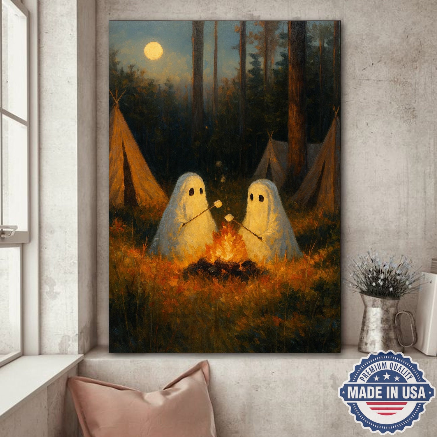 Ghost Camping Canvas Wall Art – Cute Campfire Night Illustration with Friendly Spirits, Whimsical Forest Adventure Home Decor