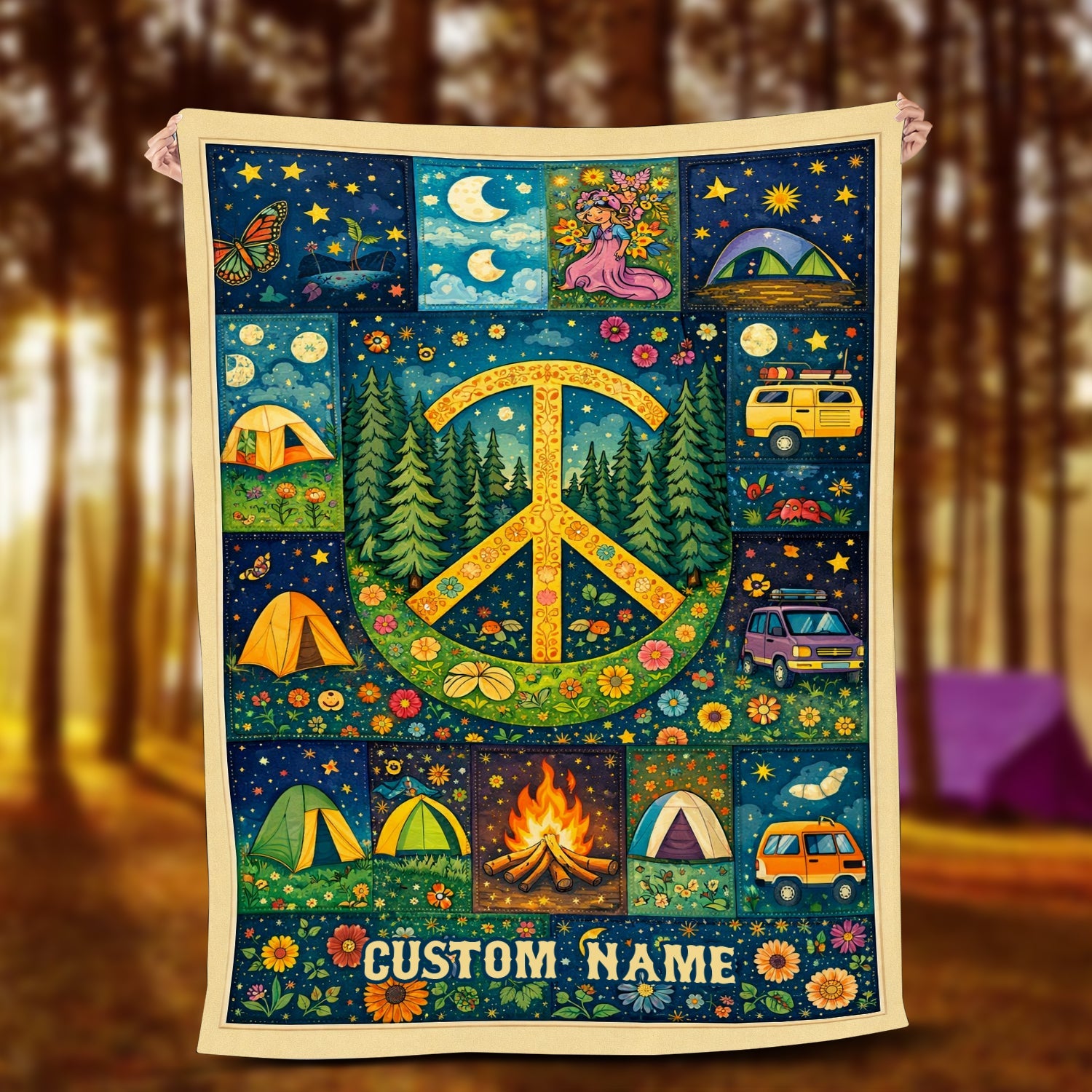 Personalized Hippie Peace Camping Blanket – Custom Name Retro Van Life & Nature Lover Gift