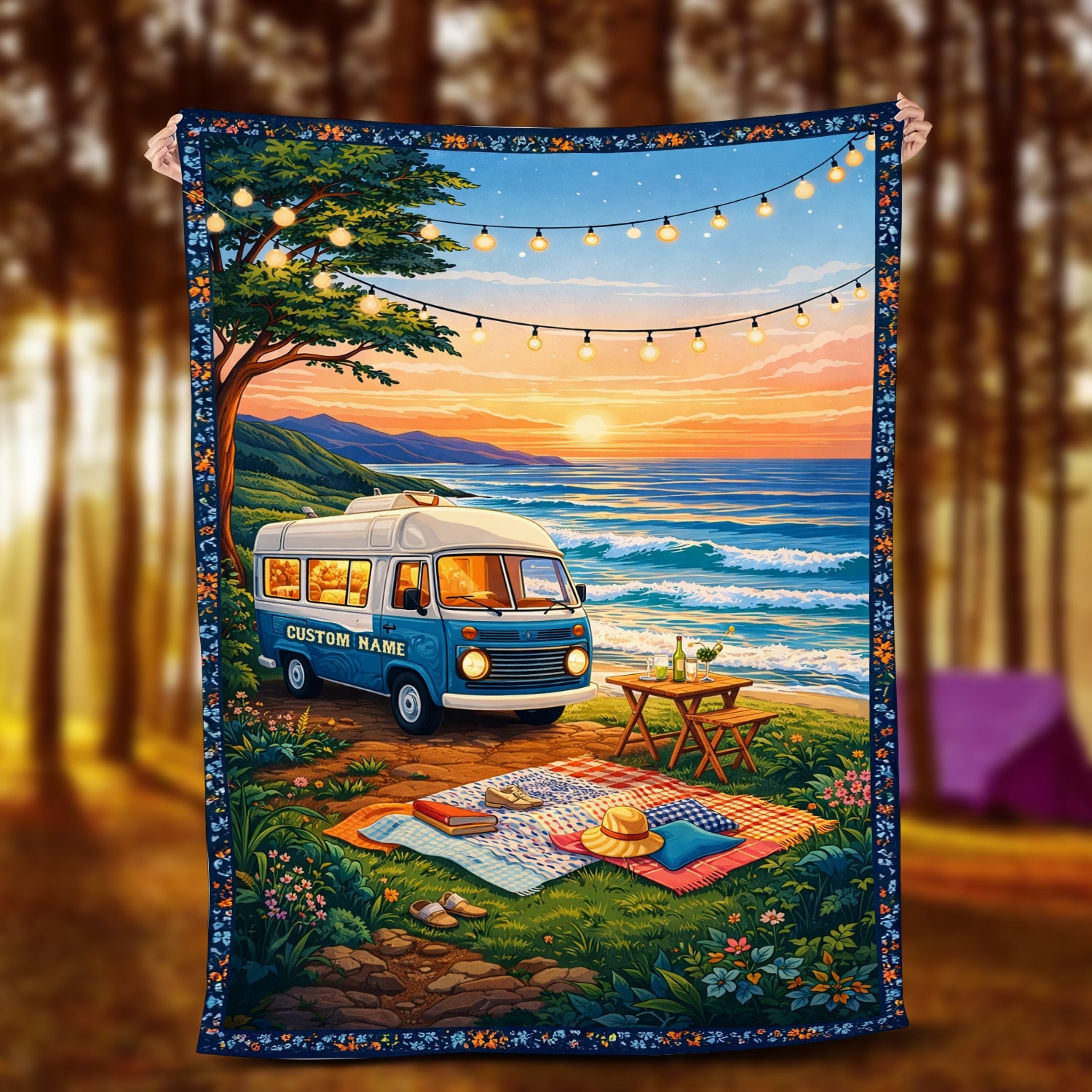 Personalized Van Life Beach Blanket – Custom Name Coastal Sunset Camper Gift for Travel & RV Lovers