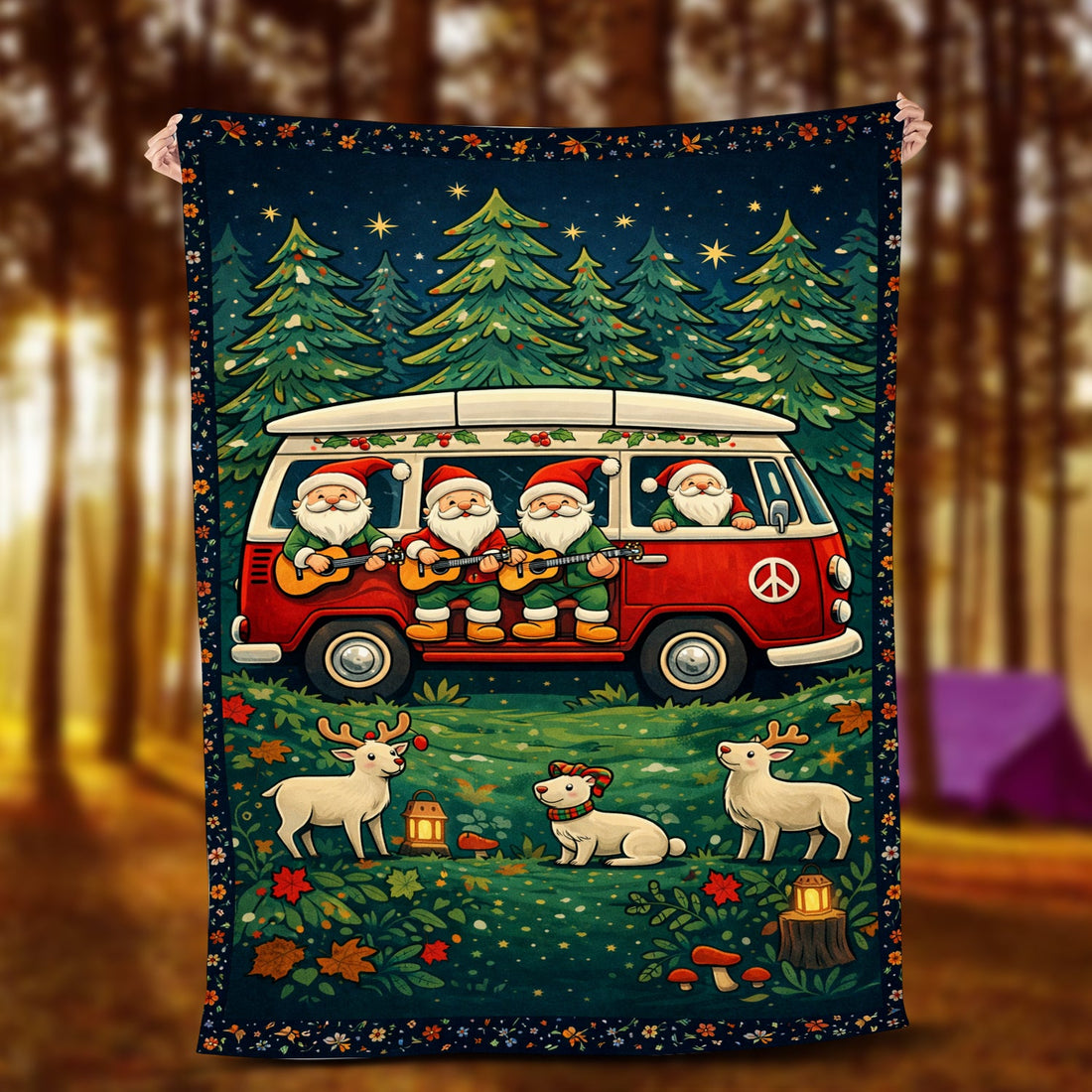 Personalized Christmas Hippie Van Blanket – Custom Name Santa Camper Holiday Gift for Van Life & Retro Lovers