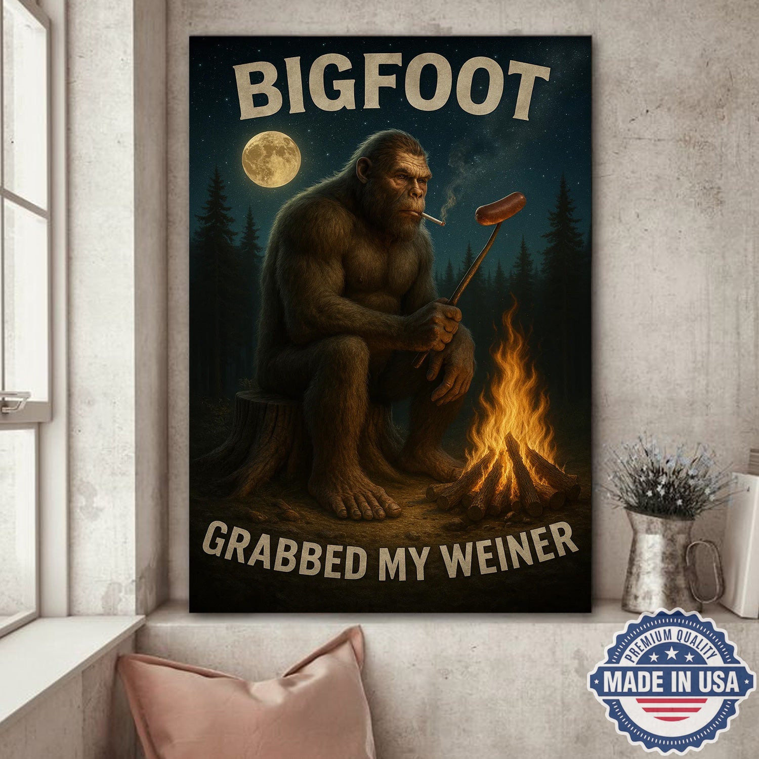 Funny Bigfoot Campfire Canvas Wall Art – Humorous Sasquatch Night Camping Illustration, Rustic Forest Cabin Humor Decor