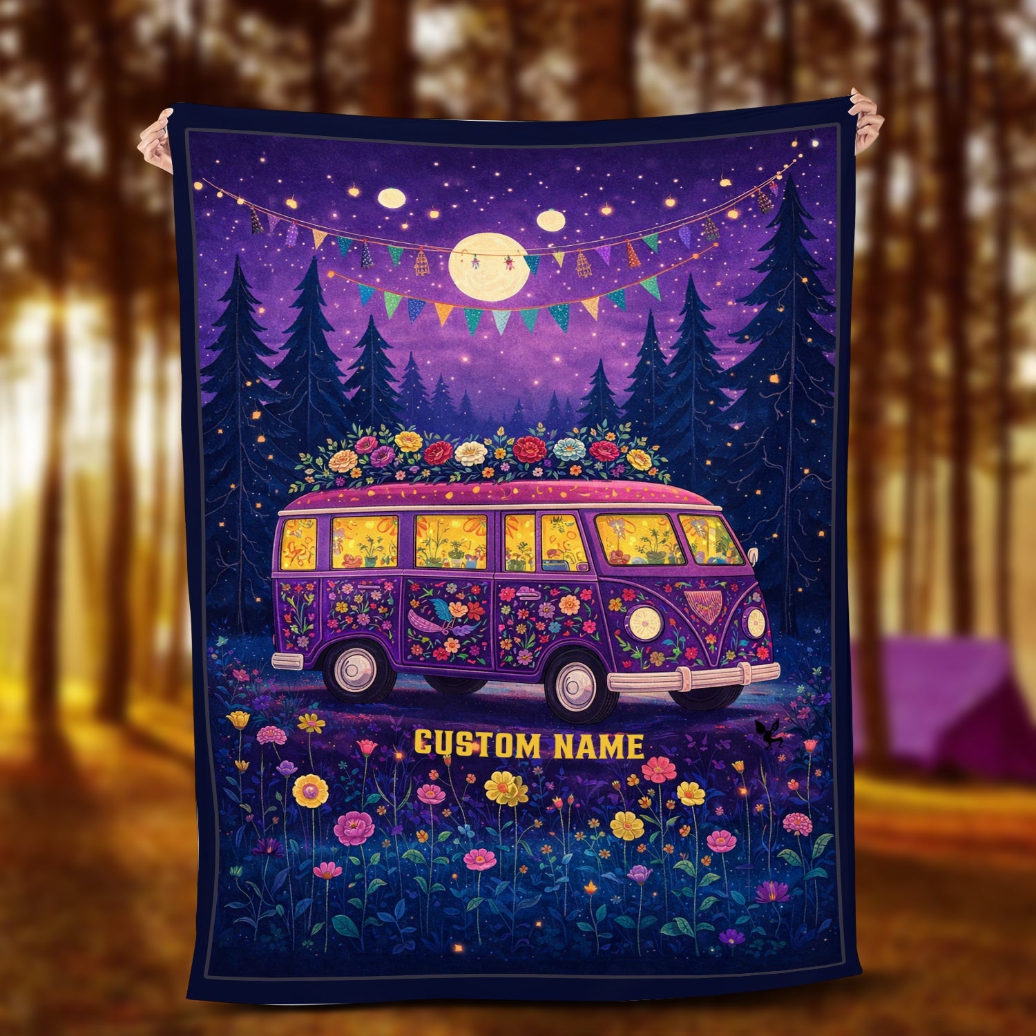 Personalized Hippie Moonlight Van Blanket – Custom Name Boho Retro Festival Gift for Van Life & Flower Lovers