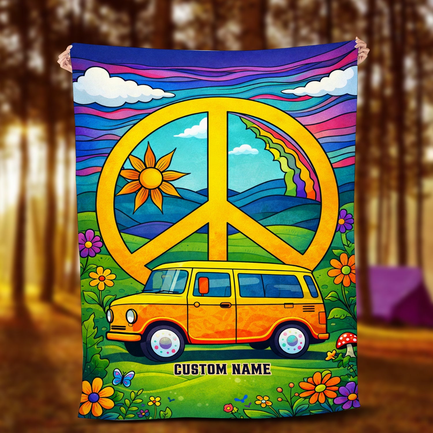 Personalized Hippie Peace Van Blanket – Custom Name Retro 70s Boho Throw Gift for Van Life & Festival Lovers