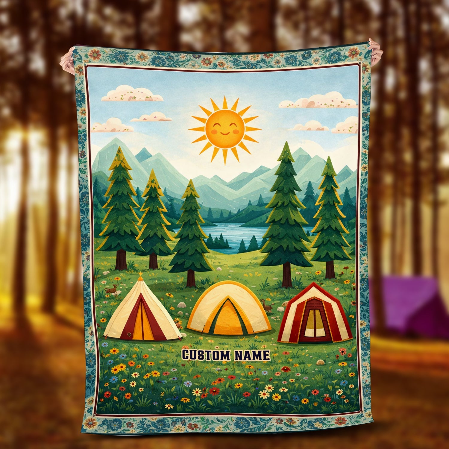 Personalized Camping Tent Blanket – Custom Name Outdoor Adventure Throw Gift for Nature Lovers