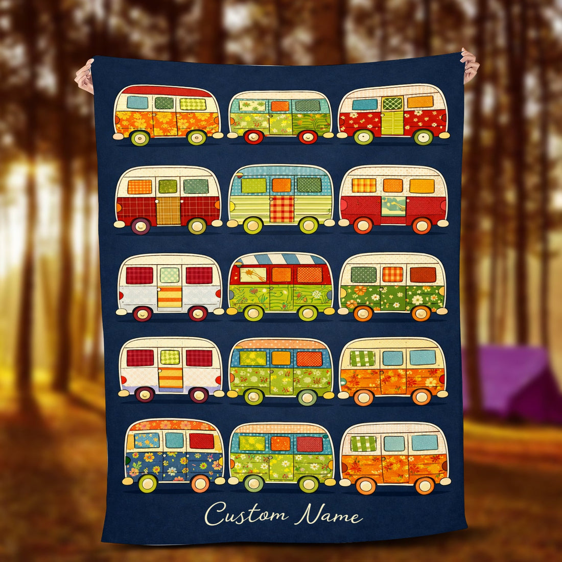 Personalized Retro Camper Van Blanket – Custom Name Vintage Van Pattern Quilt Throw for Van Life Lovers