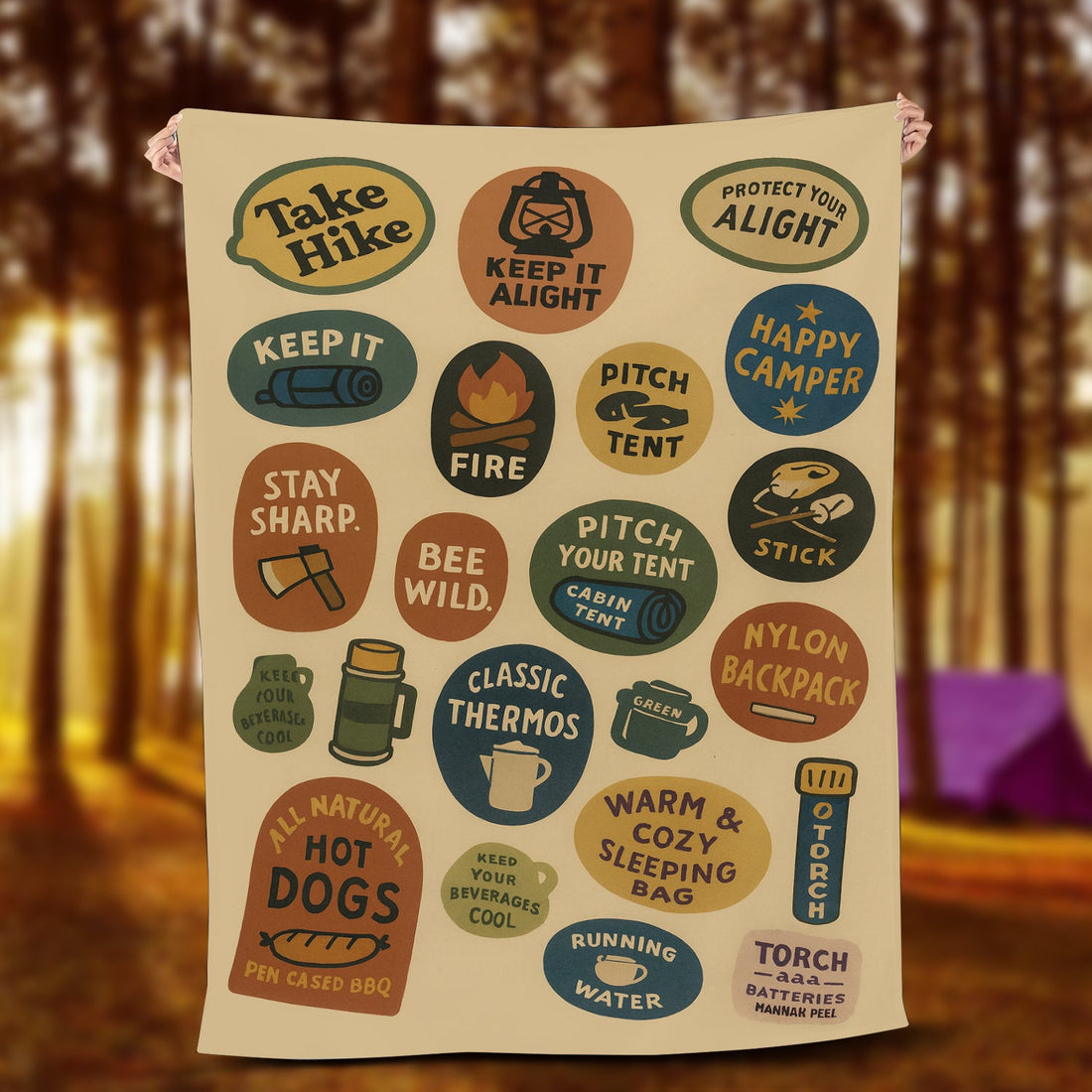 Vintage Camping Icons Blanket – Retro Outdoor Checklist Throw, Cozy Gift for Camp Lovers