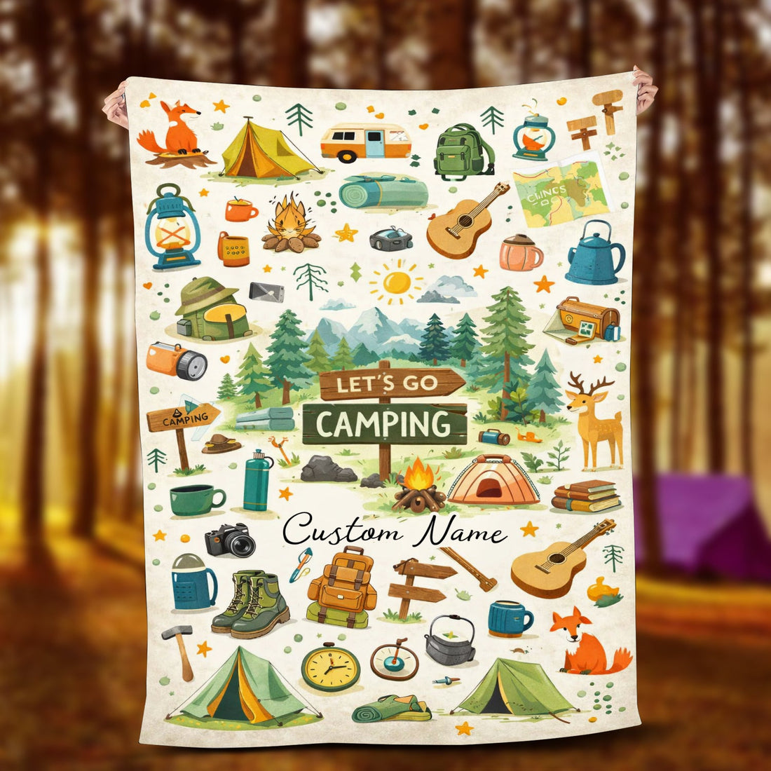 Personalized Let’s Go Camping Blanket – Custom Camper Throw, Cute Outdoor Gift for Camping Lovers