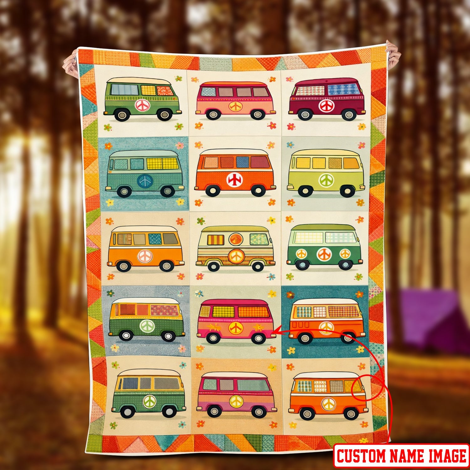 Personalized Hippie Van Blanket – Custom Name Retro Peace Camper Throw Gift