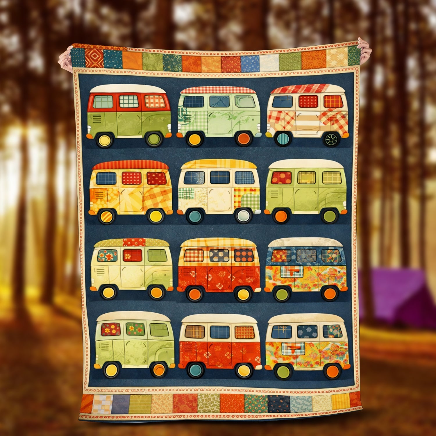 Personalized Vintage Camper Blanket – Custom Name Retro Van Life Patchwork Quilt Throw