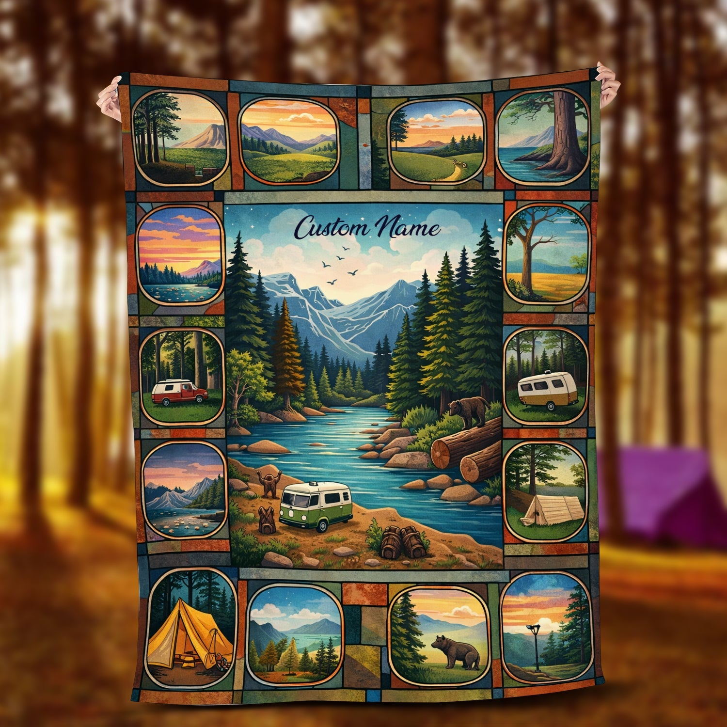 Personalized Mountain Camping Blanket – Custom Name National Park River Van Life Quilt Throw