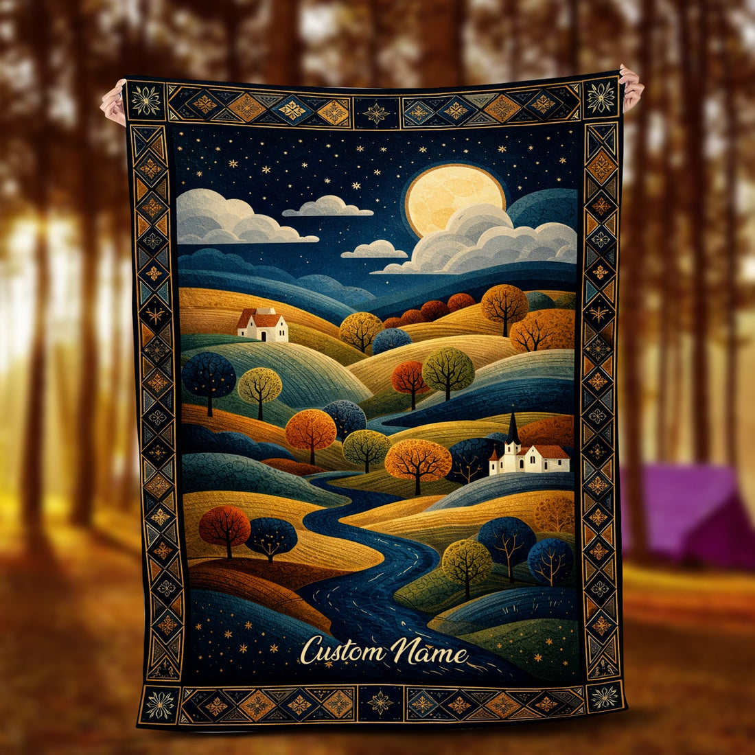 Personalized Moonlit Landscape Blanket – Custom Name Night Sky Hills & River Art Quilt Throw
