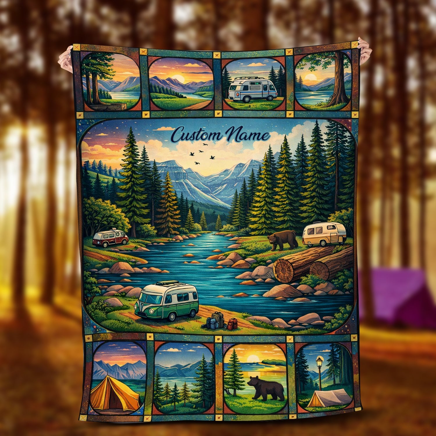 Personalized Mountain Camping Blanket – Custom Name Van Life River Forest Adventure Quilt Throw