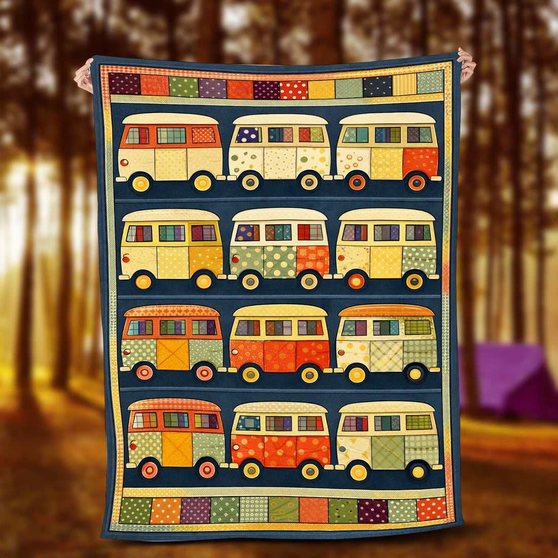 Vintage Hippie Camper Van Vintage Fleece Blanket – Retro Patchwork Boho Camping Throw for Home Decor